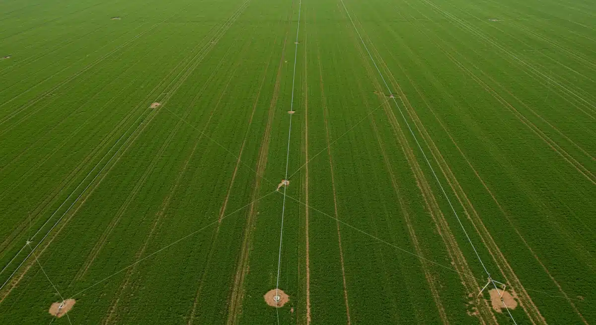 Drone view of US farm with irrigation sensors, showing precision agriculture.