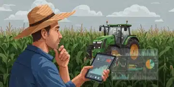Farmer analyzing financial data on a tablet amidst a cornfield, reflecting interest rate impact on farm prices.