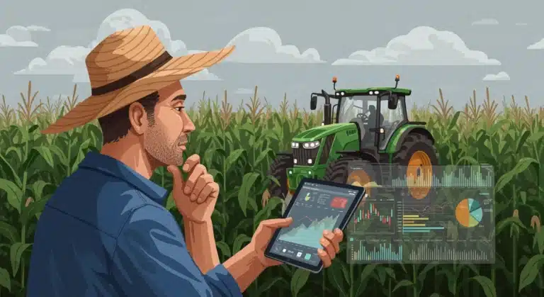 Farmer analyzing financial data on a tablet amidst a cornfield, reflecting interest rate impact on farm prices.