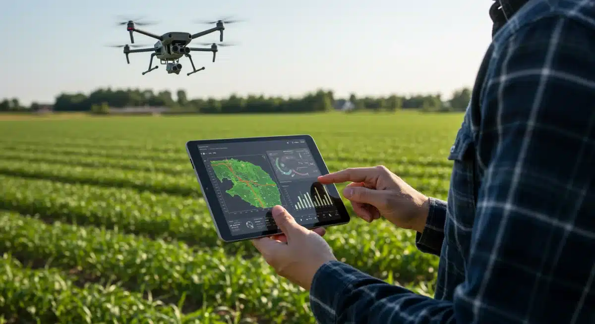 Farmer analyzing drone crop data on tablet in field