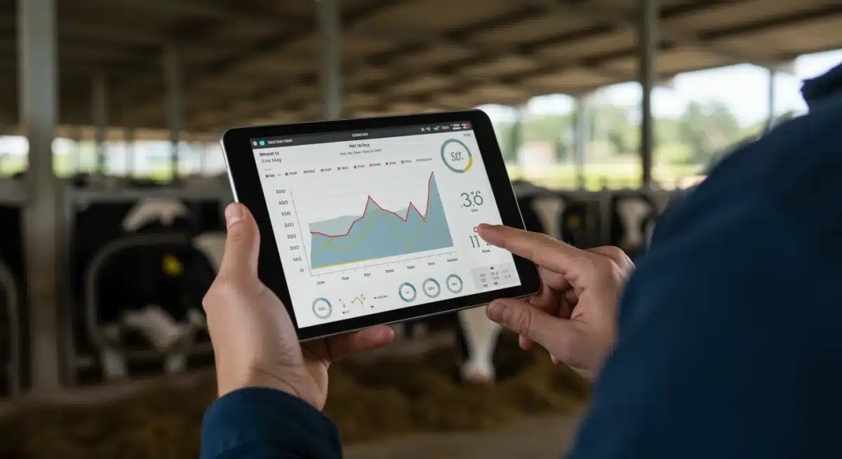 Farmer monitoring smart barn climate control on a tablet