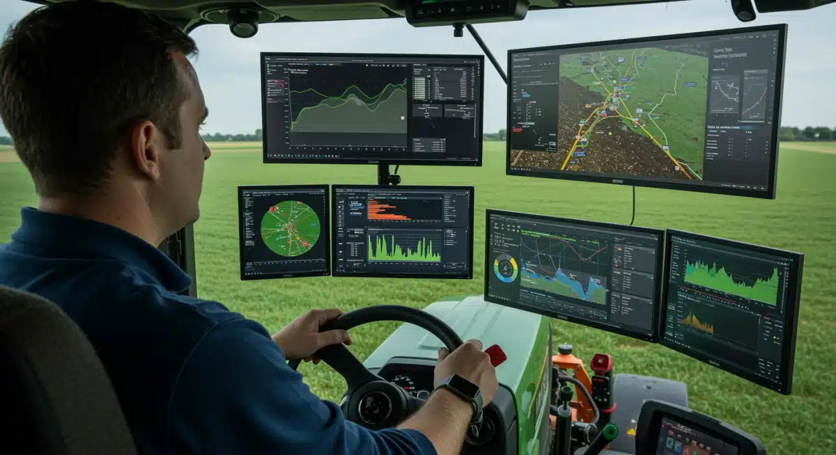 Farmer monitoring precision agriculture data in tractor cab.
