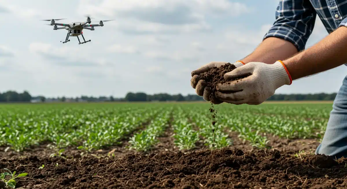 Farmer inspecting healthy soil with cover crops