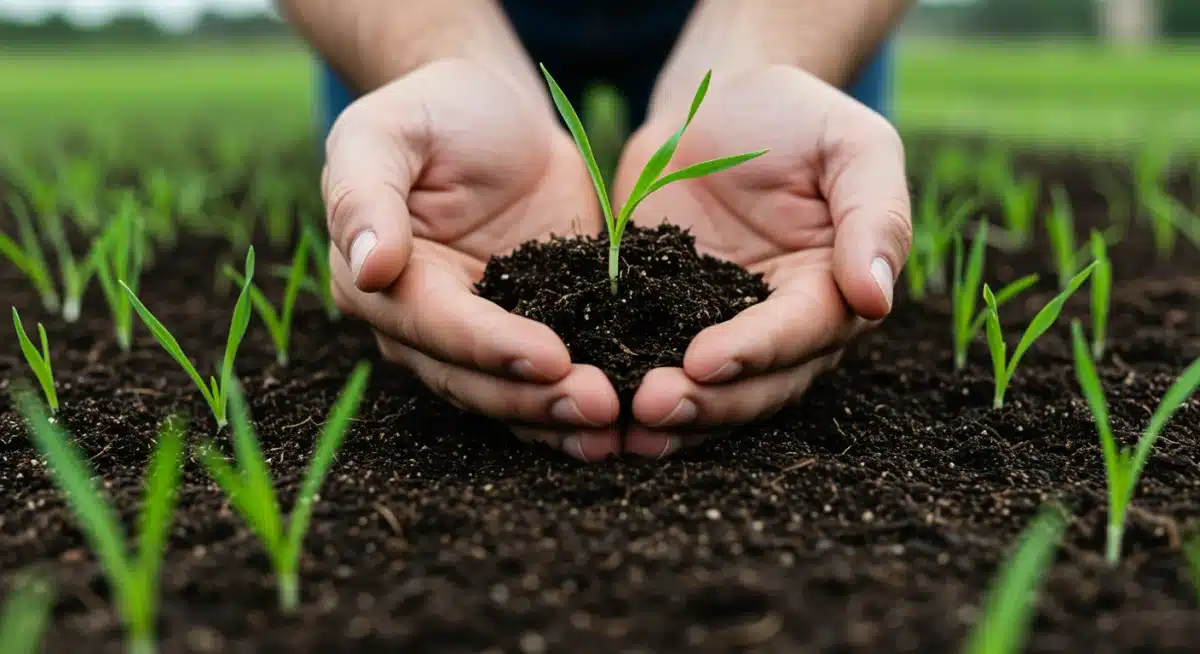 Farmer's hands holding a soil sample with green sprouts, illustrating sustainable soil health practices.