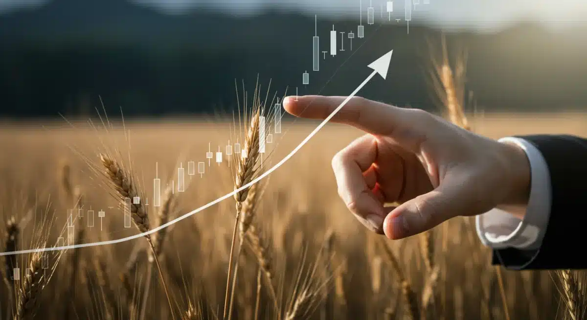 Hand pointing to rising financial market trends impacting agricultural commodity values.