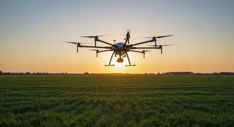Futuristic drone monitoring crops at sunrise, showcasing 2026 agricultural technology