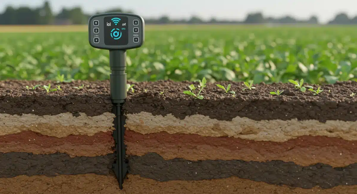 Detailed view of an IoT soil sensor measuring critical parameters like moisture and nutrients in various soil layers.