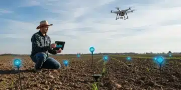 Farmer reviewing data from IoT soil sensors in a fertile field, optimizing nutrient management for 2026.