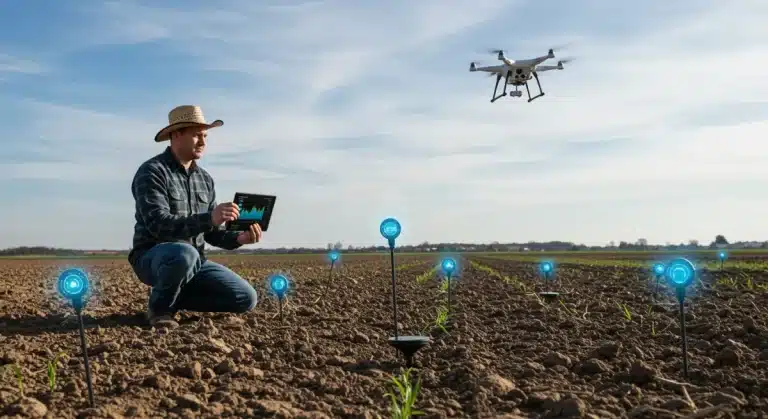 Farmer reviewing data from IoT soil sensors in a fertile field, optimizing nutrient management for 2026.