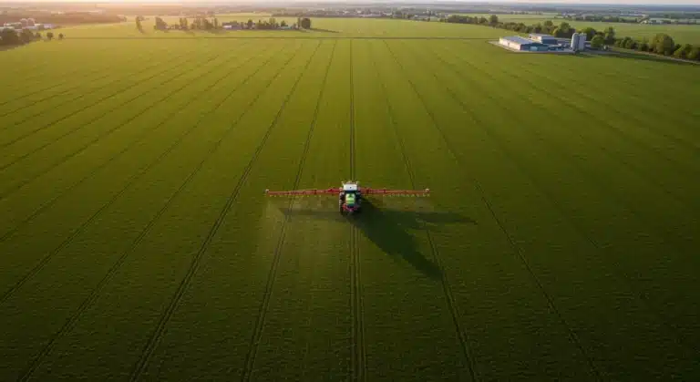 Drone view of farm field with precision agriculture planter applying fertilizer.
