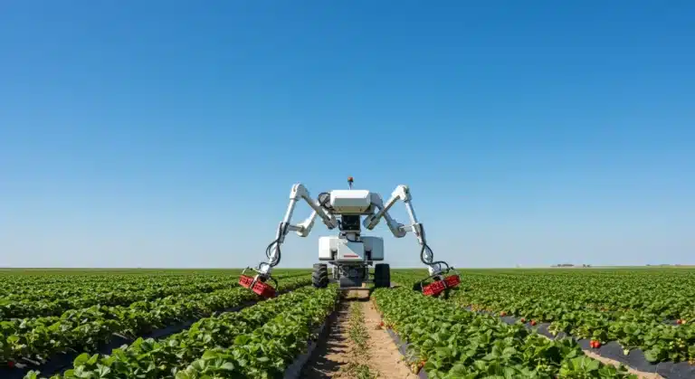 Robotic harvester picking strawberries in a field, advanced agricultural technology