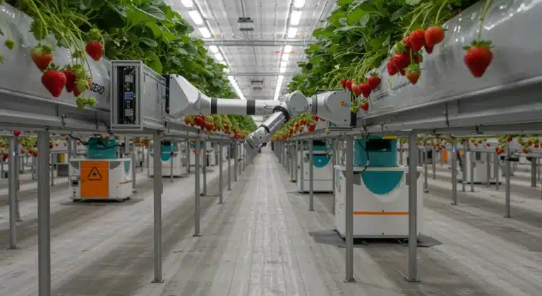Advanced robotic arm harvesting strawberries in a modern greenhouse