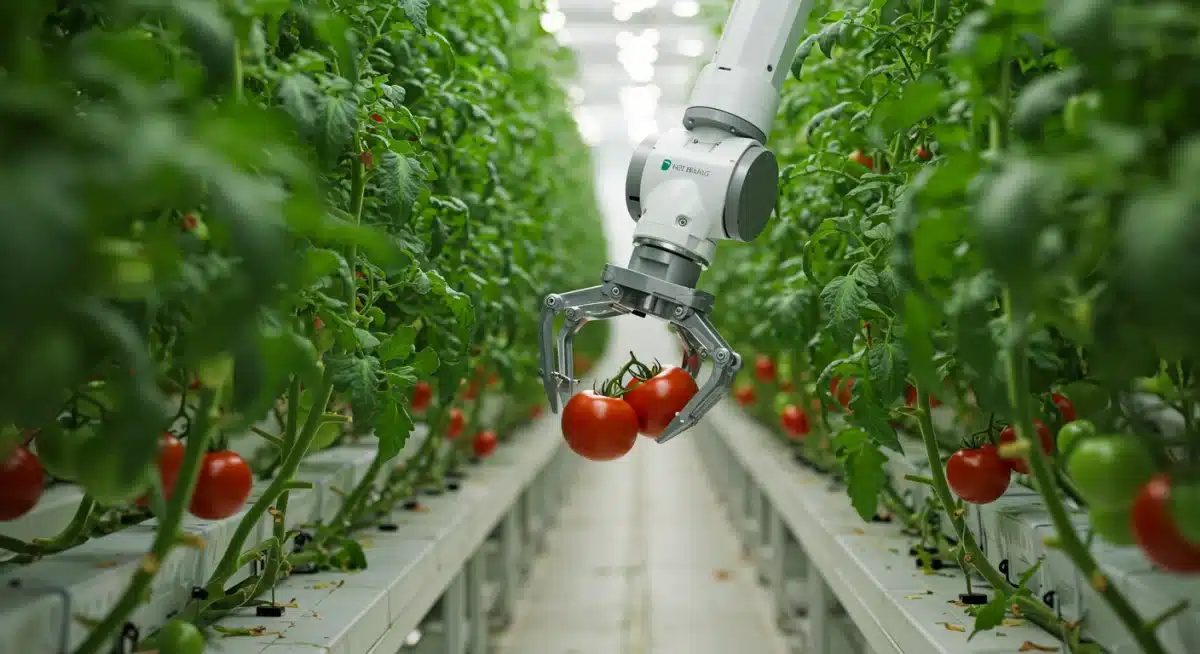 Robotic arm precisely harvesting tomatoes from a vine, demonstrating delicate automation