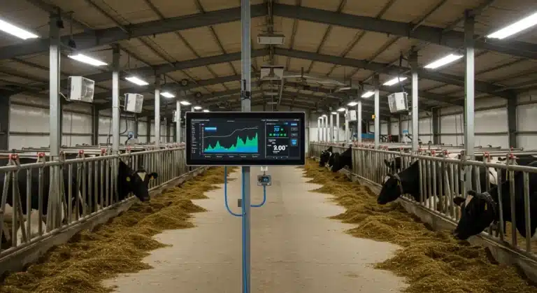 Smart barn interior with climate control sensors and automated systems