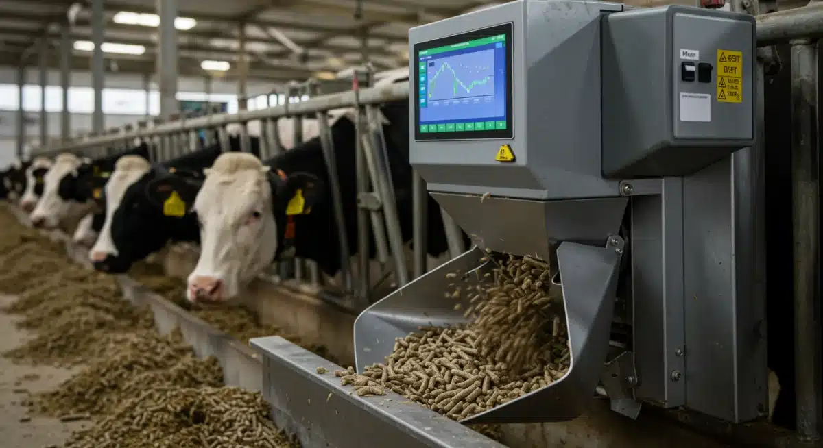 Smart feed dispenser unit in action, showing precise feed distribution