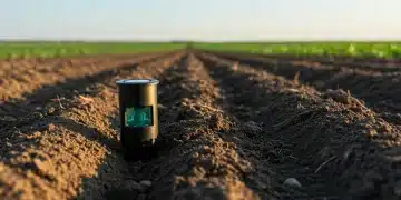 Soil moisture sensor embedded in farm field, optimizing irrigation for water efficiency.