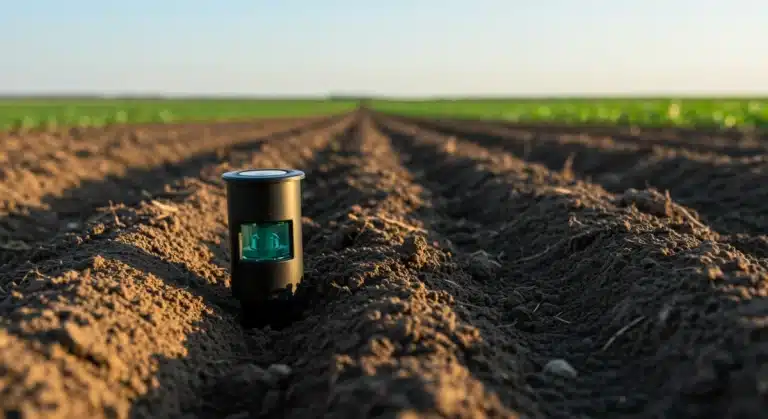 Soil moisture sensor embedded in farm field, optimizing irrigation for water efficiency.