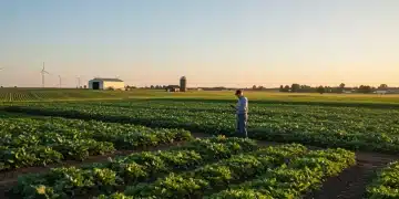 Farmer inspecting diverse crops on a sustainable farm at sunrise, symbolizing new agricultural standards.