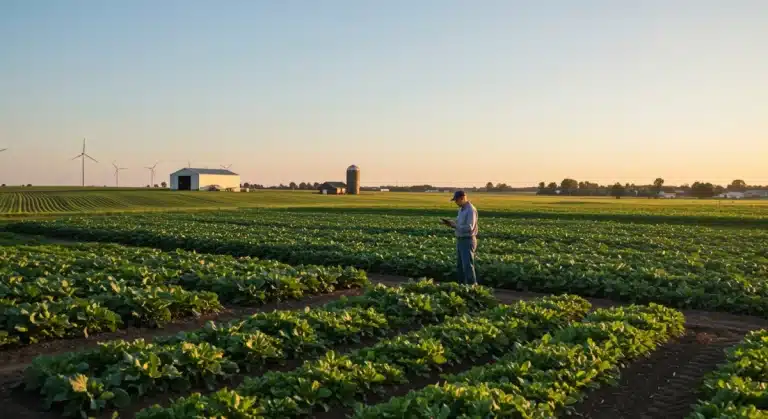 Farmer inspecting diverse crops on a sustainable farm at sunrise, symbolizing new agricultural standards.