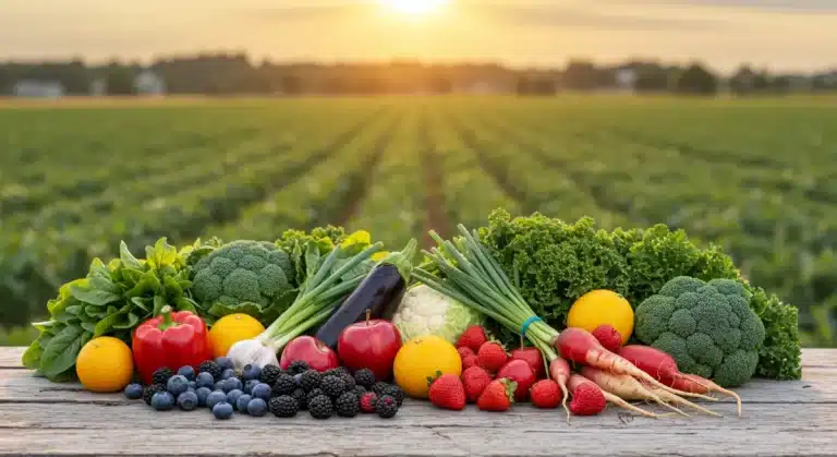 Abundant organic produce from US farms ready for export, showcasing freshness and quality