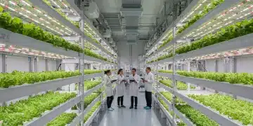 Advanced vertical farm interior with LED lighting and automated systems