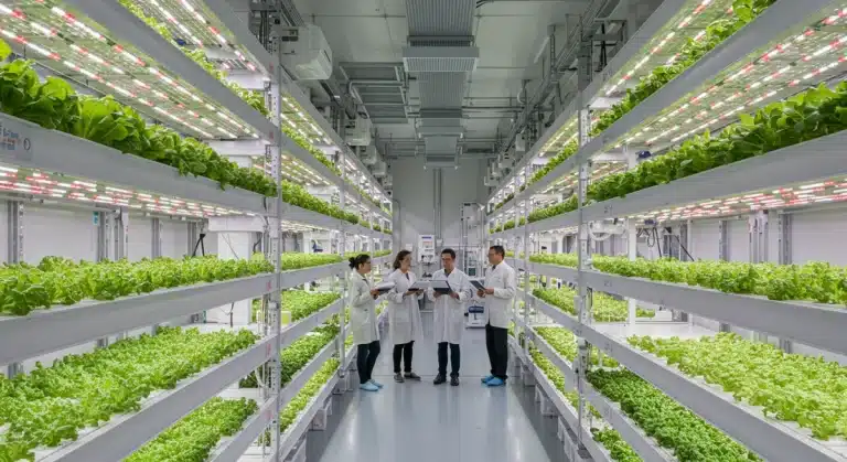 Advanced vertical farm interior with LED lighting and automated systems