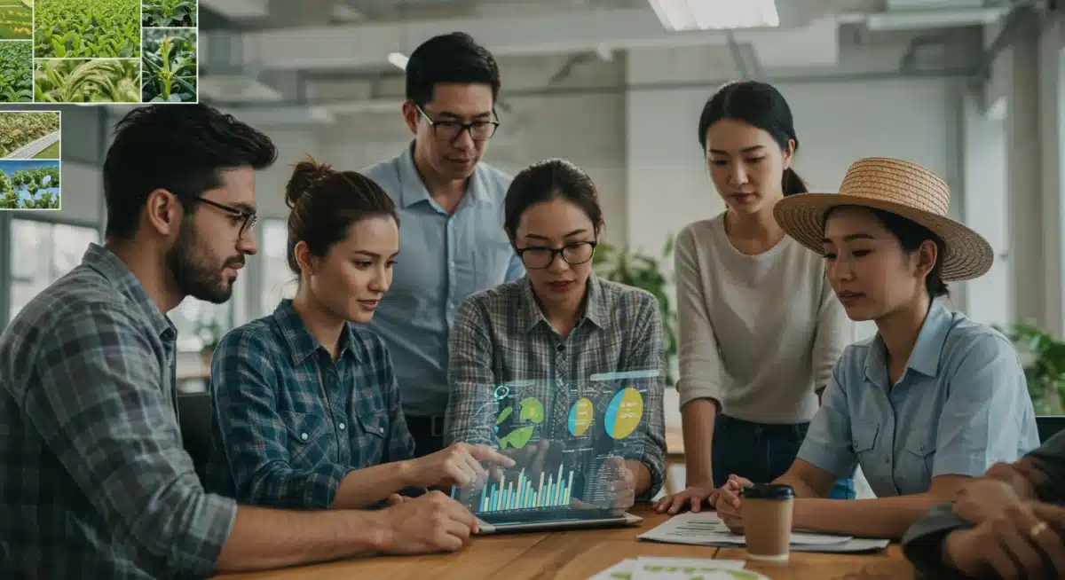 Team collaborating on AgriTech data analytics for crop optimization