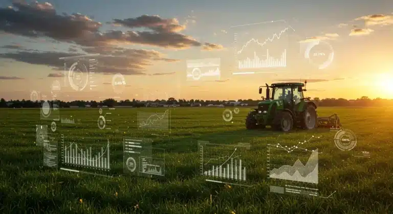 Digital overlay of agricultural data on a farm, symbolizing AgriTech investment growth