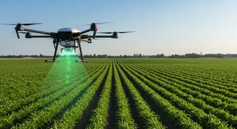 AI drone detecting weeds in a field, advanced precision agriculture