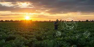 Farmer inspecting diverse crops in a field at sunset, representing agricultural adaptation to consumer demand.