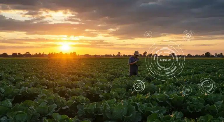 Farmer inspecting diverse crops in a field at sunset, representing agricultural adaptation to consumer demand.