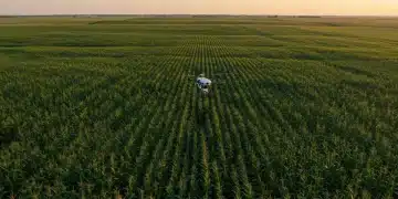Agricultural drone monitoring cornfield at sunrise, US farm technology 2026