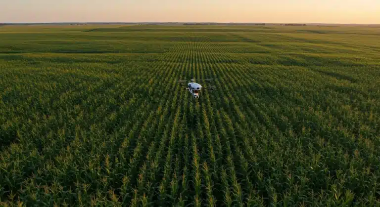 Agricultural drone monitoring cornfield at sunrise, US farm technology 2026