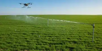 Drone providing precision irrigation over a green agricultural field with soil sensors