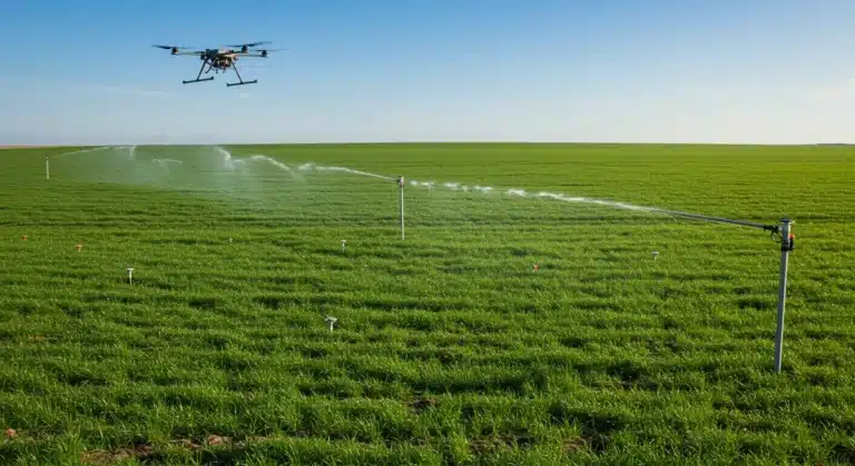 Drone providing precision irrigation over a green agricultural field with soil sensors