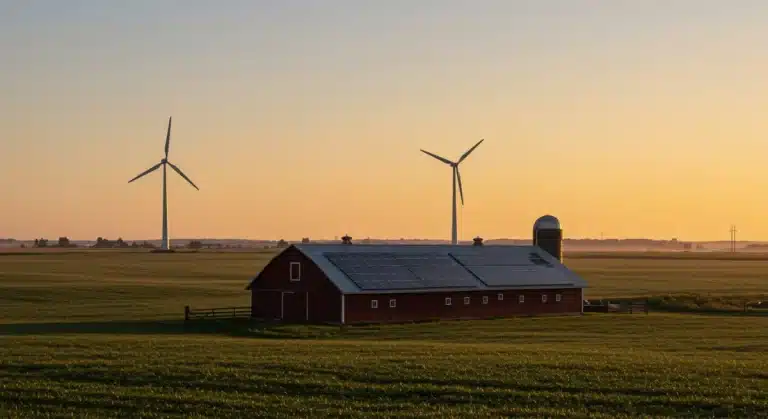 Solar panels and wind turbine on a modern farm at sunrise, symbolizing renewable energy integration.
