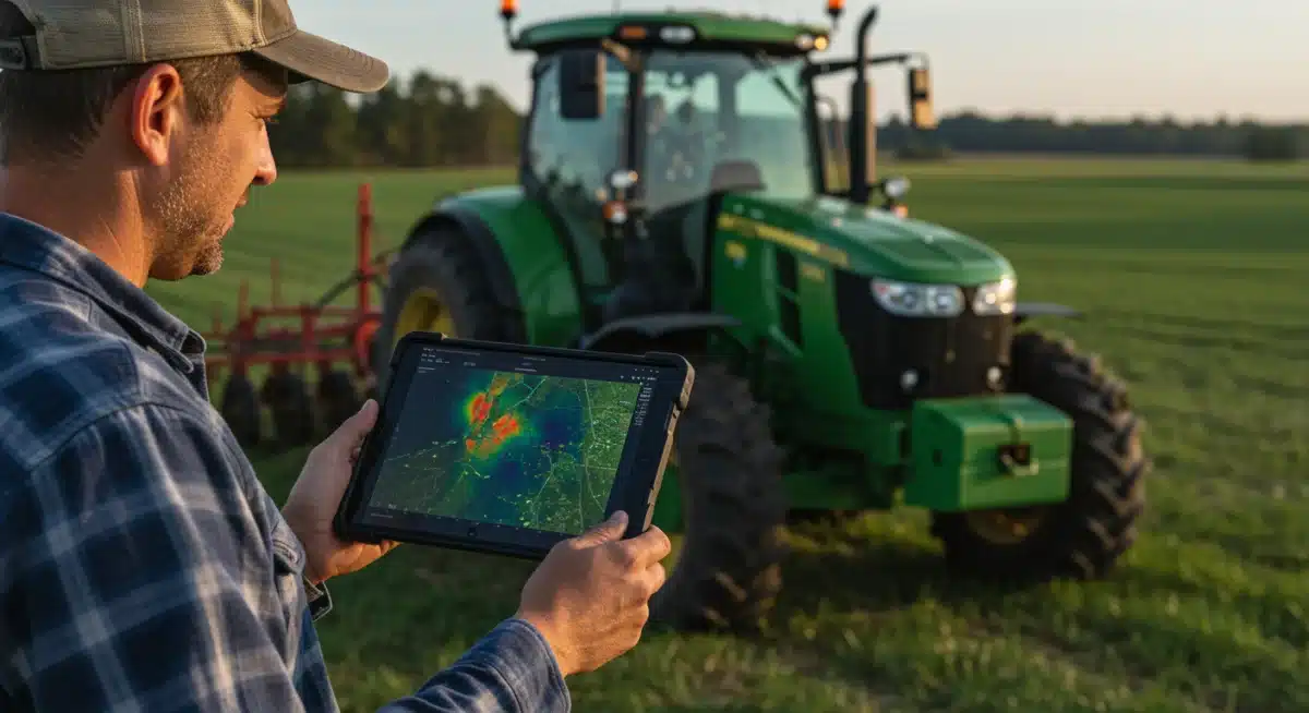Farmer analyzing drone crop data on tablet, precision agriculture 2026