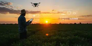 Farmer reviewing data analytics on a tablet in a modern US agricultural field