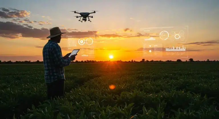 Farmer reviewing data analytics on a tablet in a modern US agricultural field