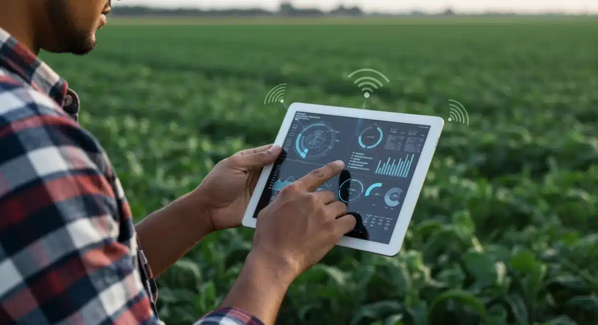 Farmer monitoring precision agriculture data on a tablet for supply chain optimization.