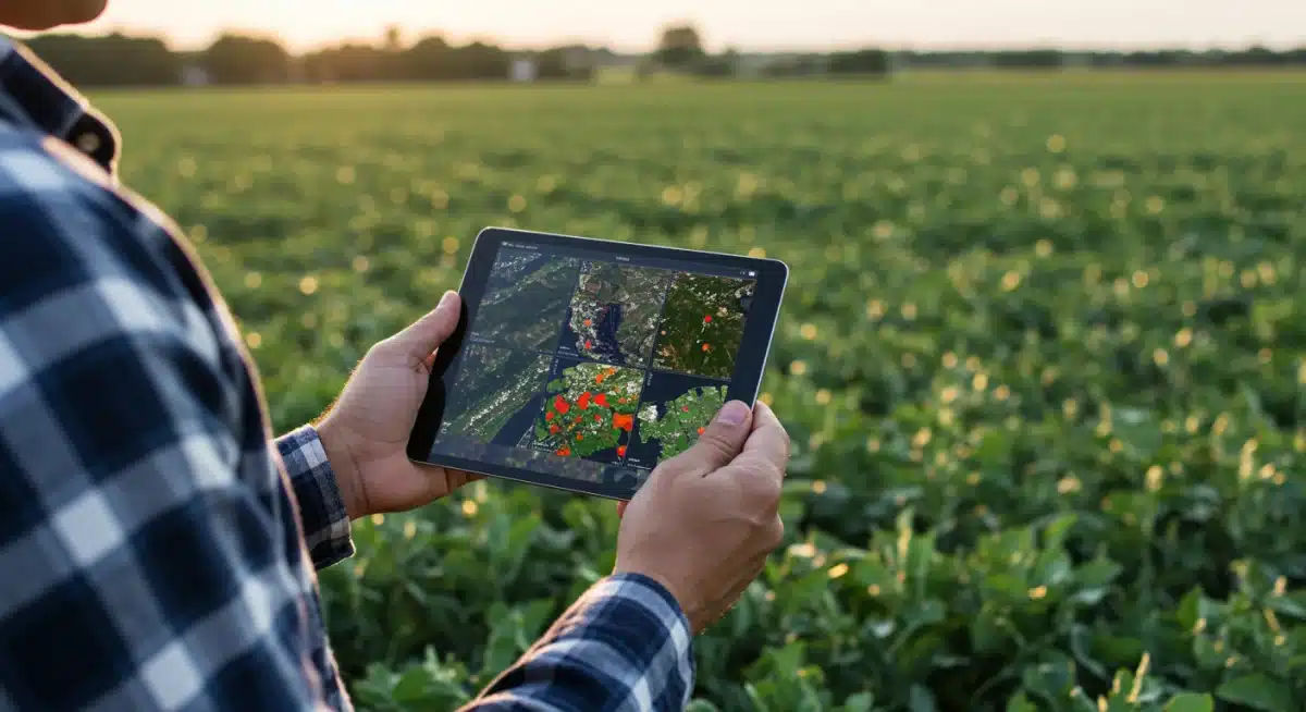 Farmer using a tablet to analyze satellite imagery for crop health assessment in a field.