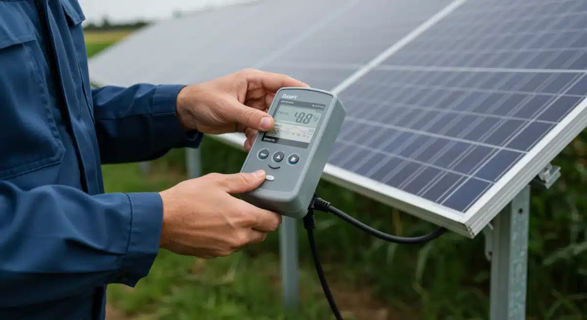 Farmer inspecting smart energy meter connected to a farm solar array, showing energy data.