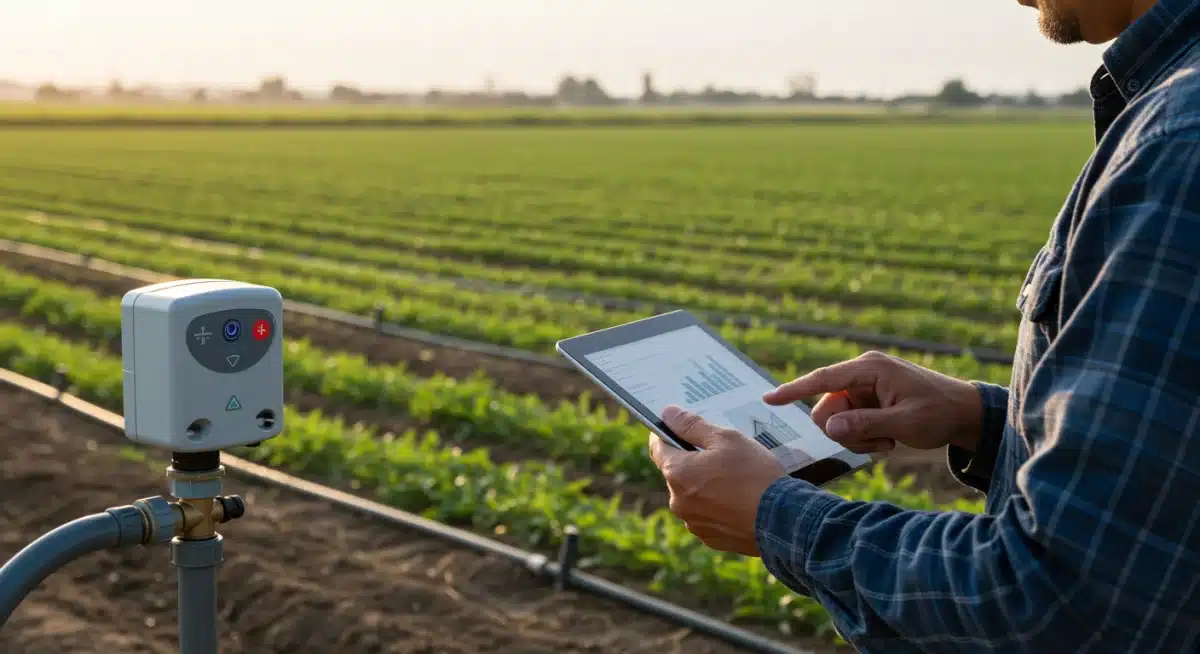 Farmer analyzing smart irrigation data on tablet in field