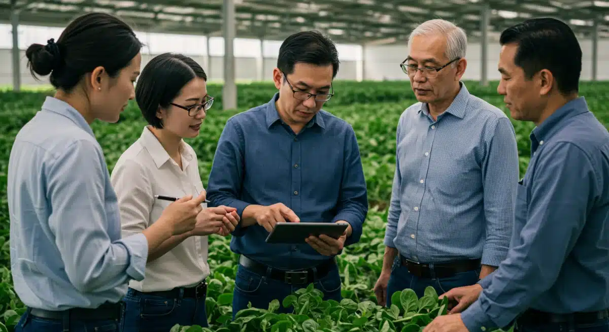 Farmers and experts analyzing data for sustainable farming strategies