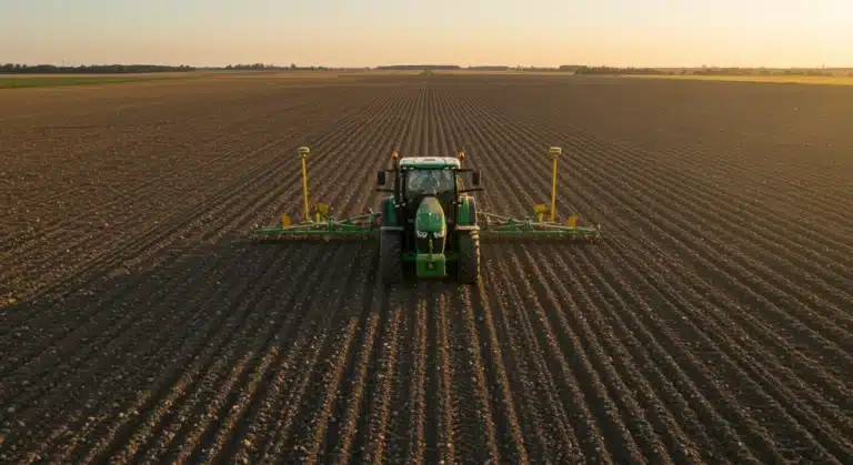 Modern tractor with GPS steering system precisely working a field at sunset, optimizing operations.