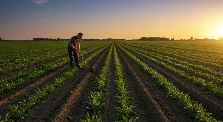 Farmer inspecting rich soil in a field practicing carbon sequestration farming methods.