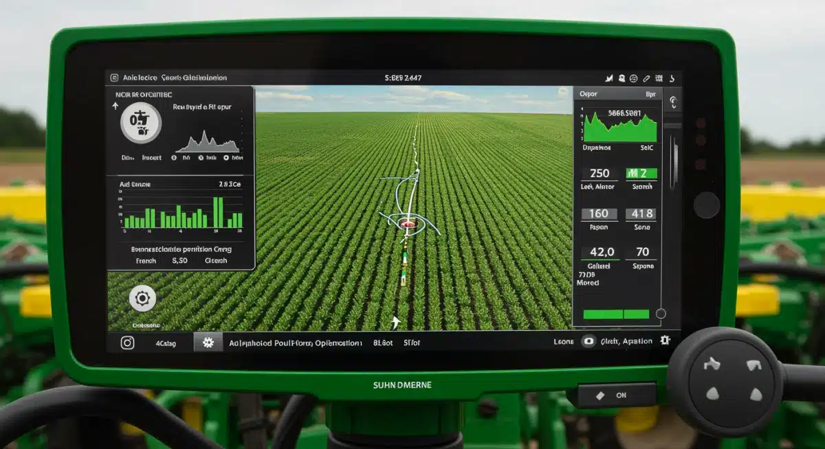 John Deere 8R autonomous tractor interface displaying field data