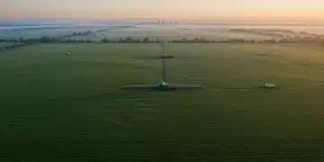 Modern US farm landscape with advanced machinery, symbolizing resilience against supply chain disruptions.