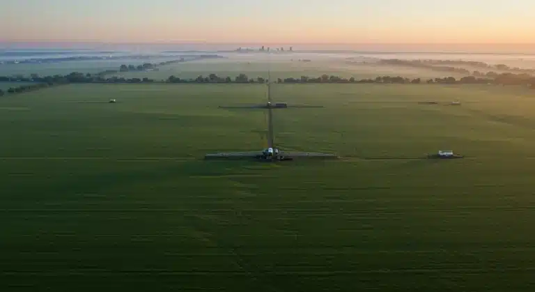 Modern US farm landscape with advanced machinery, symbolizing resilience against supply chain disruptions.