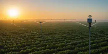 Advanced precision irrigation system with integrated sensors in a thriving crop field at dawn, showcasing efficient water delivery.